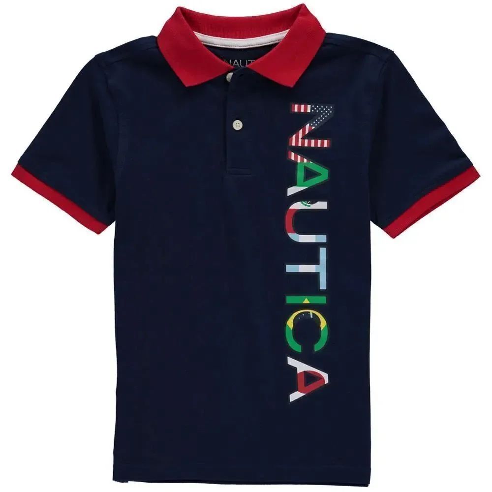 Nautica Boys Short Sleeve Colorblock Polo Shirt Size 8 Vertical Flag Graphic